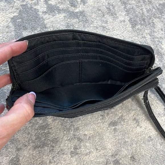 Coach Signature Stripe Double Zip Wristlet Pouch Wallet Black Gray - Picture 15 of 16